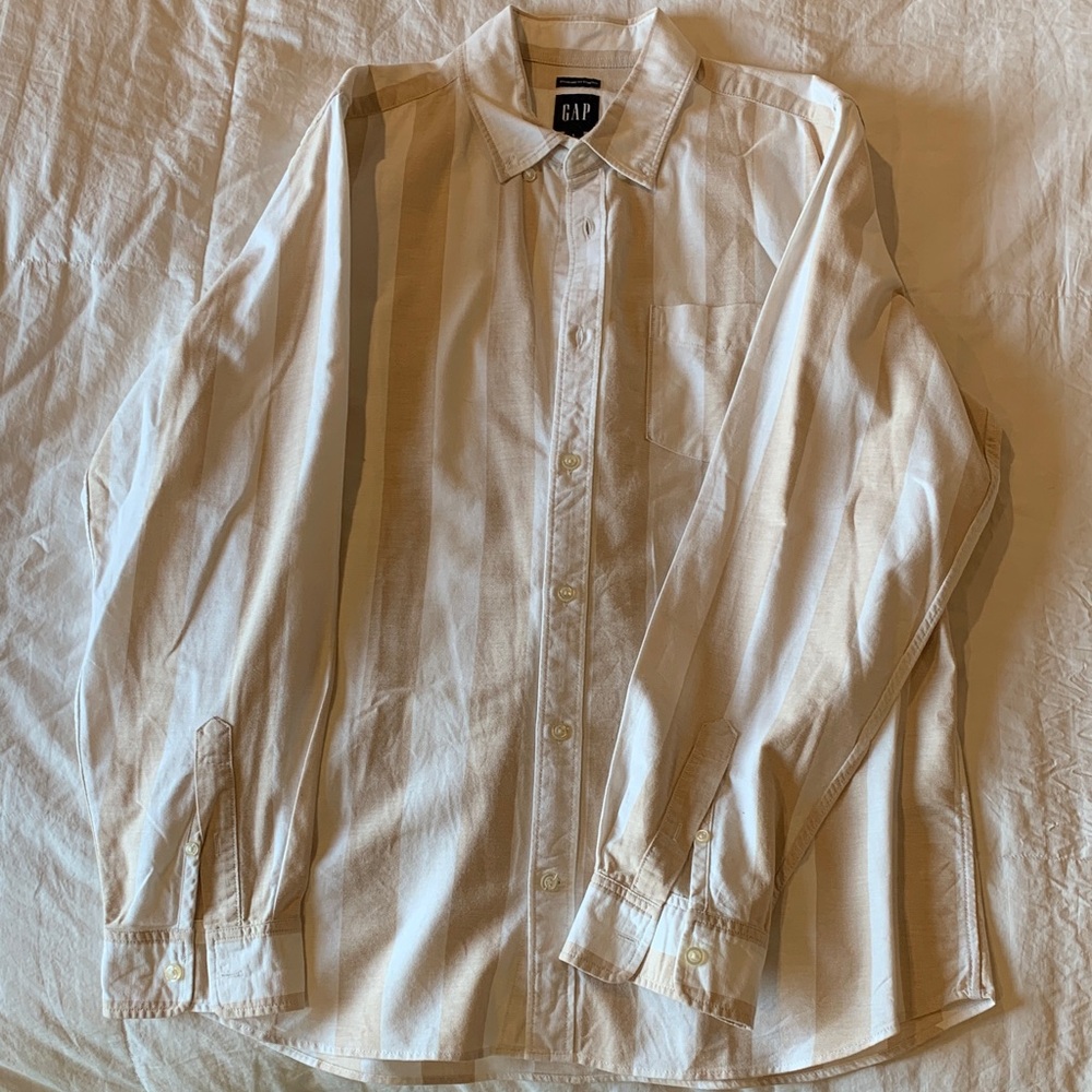 GAP Men's Beige and White Striped Button Down Shirt
